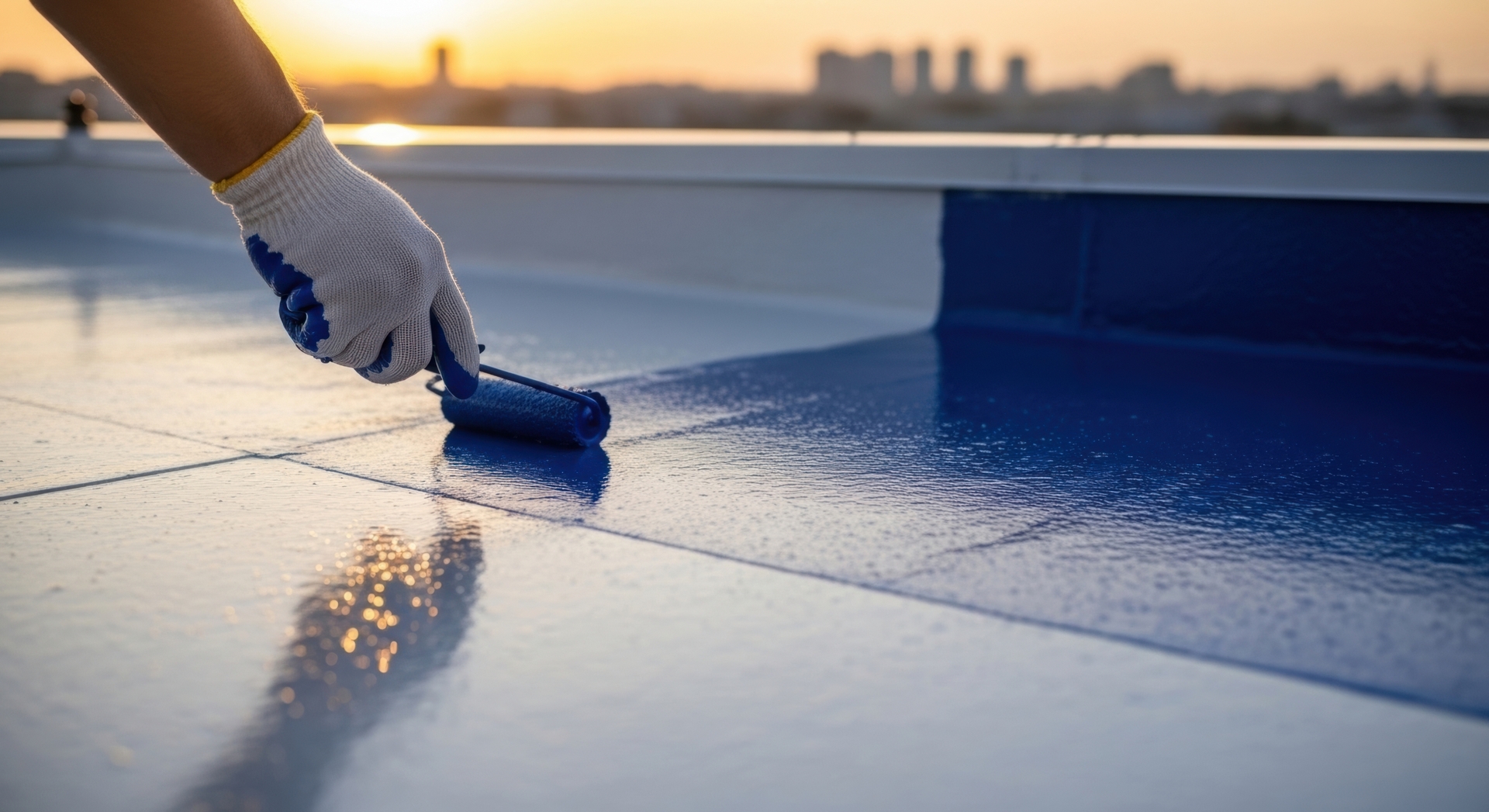 Worker applying blue liquid waterproofing coating with a roller on a rooftop surface at sunset Inverter Integrations